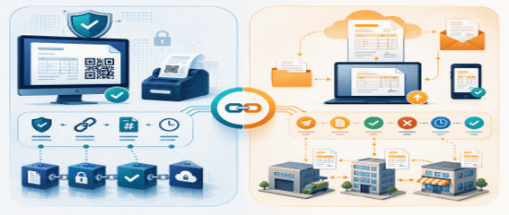 Ilustración conceptual de un sistema informático de facturación y el intercambio electrónico de facturas B2B